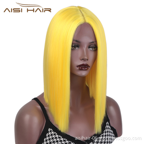 Aisi Hair Medium Long Yellow Wig Cosplay Front Lace Wig Middle Part Straight Silky Synthetic Lace Frontal Hair Wigs For Women